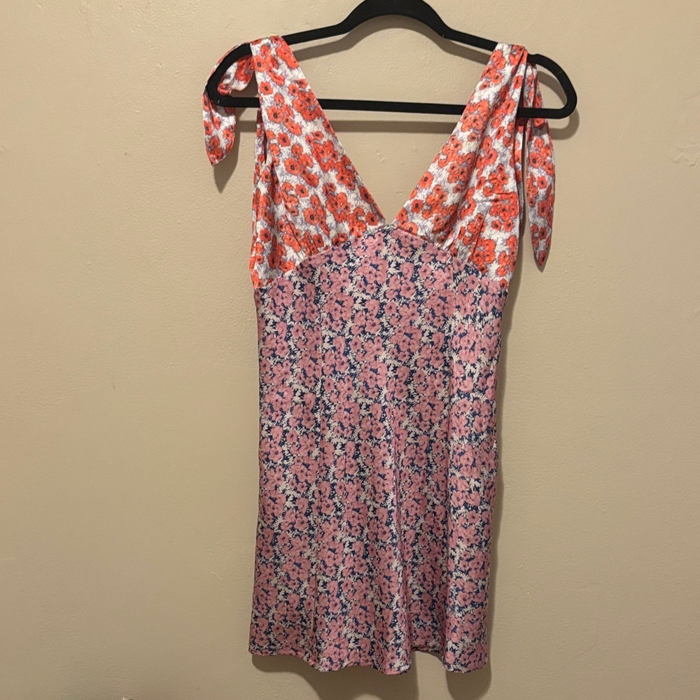 Floral Tie-Shoulder Mini Dress in Pink and Orange